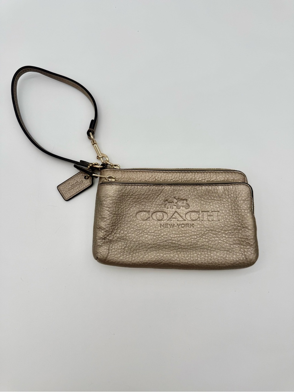 Coach Embossed Gold Pebble Leather Corner Zip Wristlet